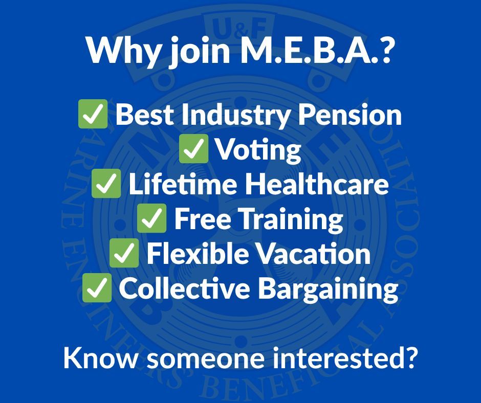 MEBAUNION's tweet photo. Why join M.E.B.A.? 

M.E.B.A. Officers, Deck and Engine, are among the most respected and well-trained professionals in the maritime industry. 

Choose rights, not luck. 
 
Know someone interested?  https://t.co/zl1vwunSP9 👈 
#MEBA #UnionStrong https://t.co/H2h0kGljnI