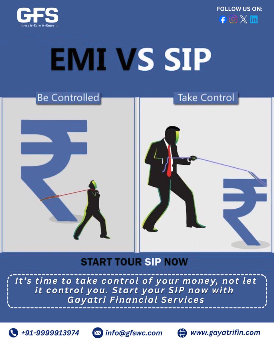 gfstrust2002's tweet image. 💸 Are you being controlled by your money, or are you in control of it?
While EMIs drain your pocket, SIPs help you build wealth smartly.🚀

#EMIVsSIP #SmartInvesting #FinancialFreedom #SIPInvestment #WealthCreation #MutualFunds #InvestSmart #GayatriFinancialServices #FinanceGoal