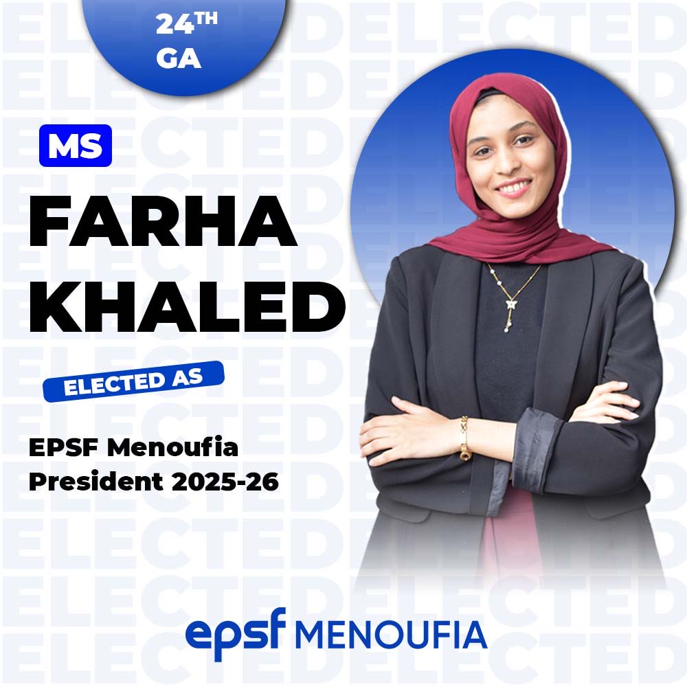 "𝑾𝒆 𝒏𝒆𝒗𝒆𝒓 𝒅𝒓𝒆𝒂𝒎𝒆𝒅 𝒂𝒃𝒐𝒖𝒕 𝒔𝒖𝒄𝒄𝒆𝒔𝒔. 𝑾𝒆 𝒘𝒐𝒓𝒌𝒆𝒅 𝒇𝒐𝒓 𝒊𝒕."✨

We are thrilled to announce that 𝙈𝙨. 𝙁𝙖𝙧𝙝𝙖 𝙆𝙝𝙖𝙡𝙚𝙙 has been elected as 𝗘𝗣𝗦𝗙-𝗠𝗲𝗻𝗼𝘂𝗳𝗶𝗮 𝗣𝗿𝗲𝘀𝗶𝗱𝗲𝗻𝘁 2025-26.❤️

#24th_GA
#EPSF_Menoufia