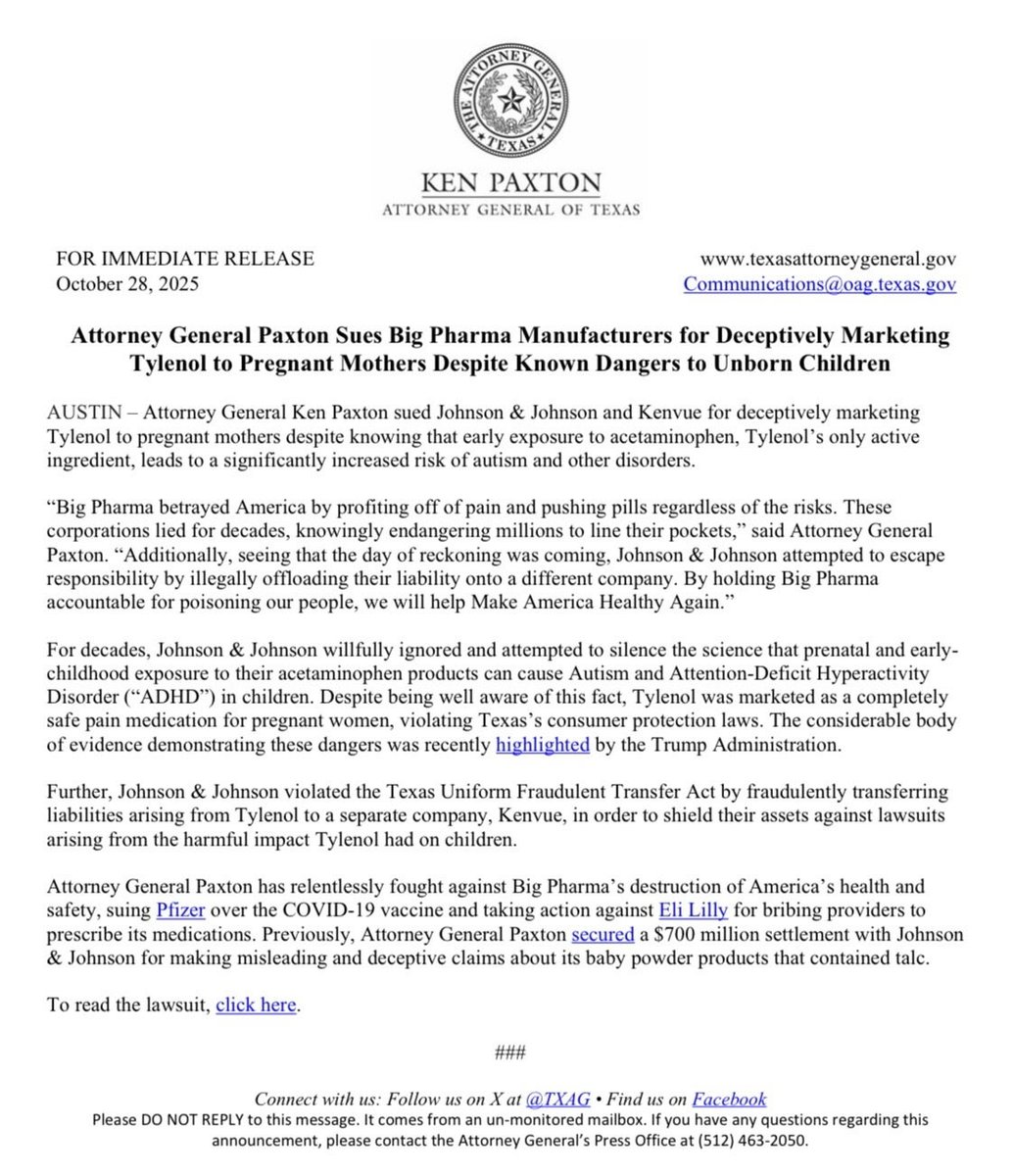 🚨Did you guys know that Johnson &amp; Johnson transferred its liabilities for Tylenol to a different entity to protect itself? Me neither. But <a href="/KenPaxtonTX/">Attorney General Ken Paxton</a> does, because they did the same thing to shield themselves from the talcum powder fiasco. 

So he’s suing them for that, and