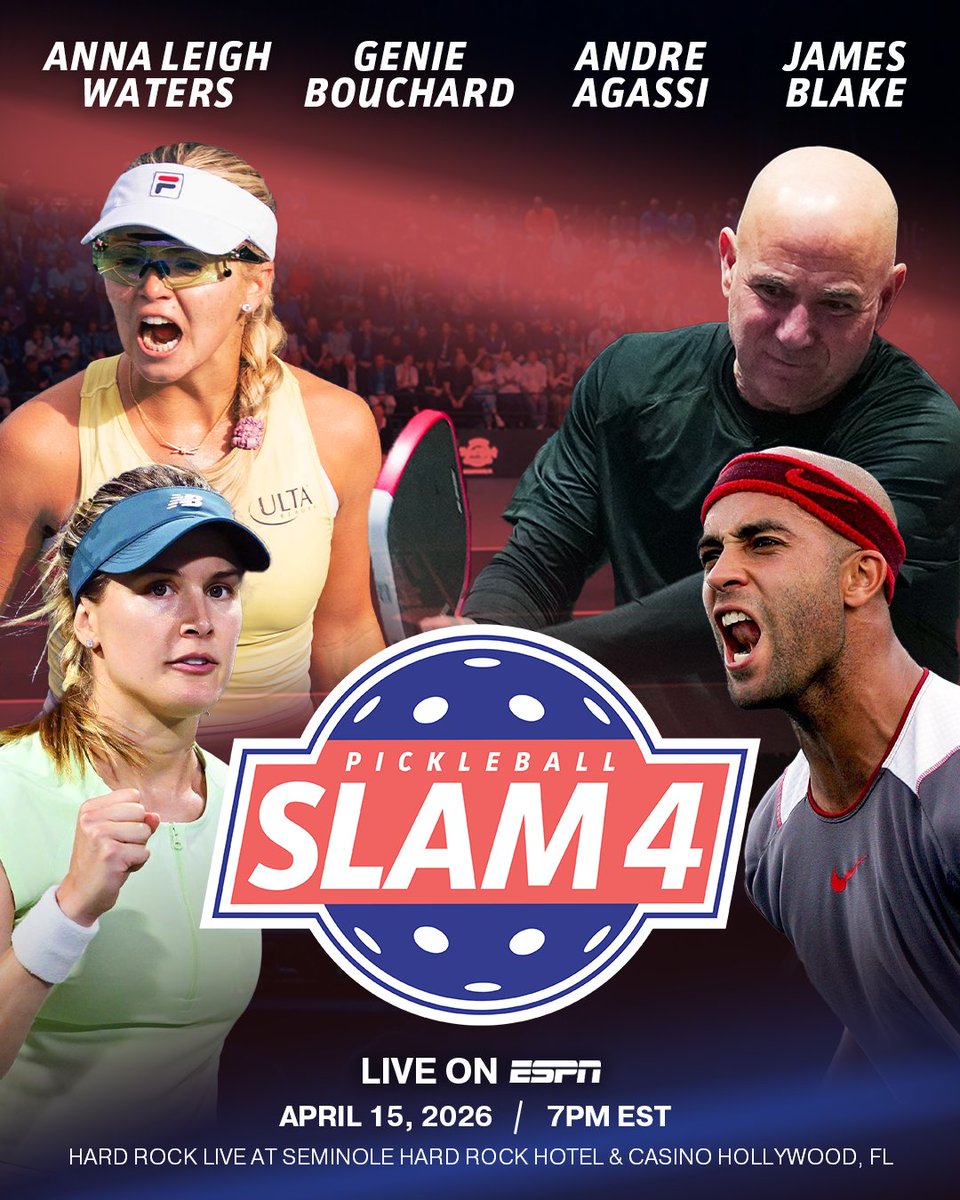 The Pickleball Slam is back! 
 
🎾 Anna Leigh Waters and Genie Bouchard take on Andre Agassi and James Blake!

April 15 | 7PM EST | Hard Rock Live at Seminole Hard Rock Hotel &amp; Casino Hollywood, FL | ESPN 

#PickleballSlam4 #Agassi #AnnaLeighWaters