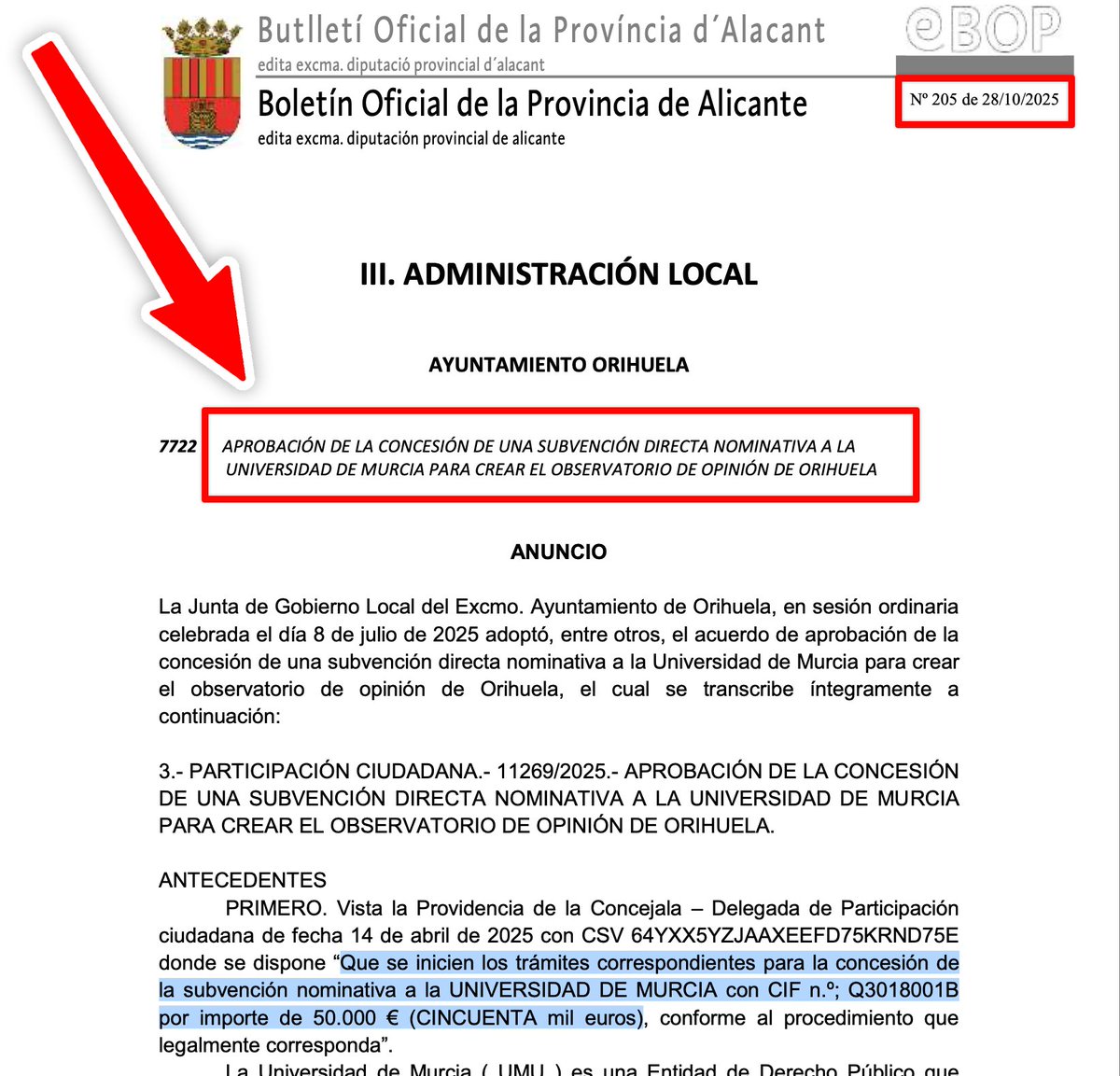 JaimeObregon's tweet image. ¡Feliz día! 😃🎉

El observatorio de hoy lo ha creado el Ayuntamiento de Orihuela con una subvención de 50 000 €. 💶

Es el nº 4️⃣6️⃣8️⃣.

Enhorabuena a los premiados. 🥳