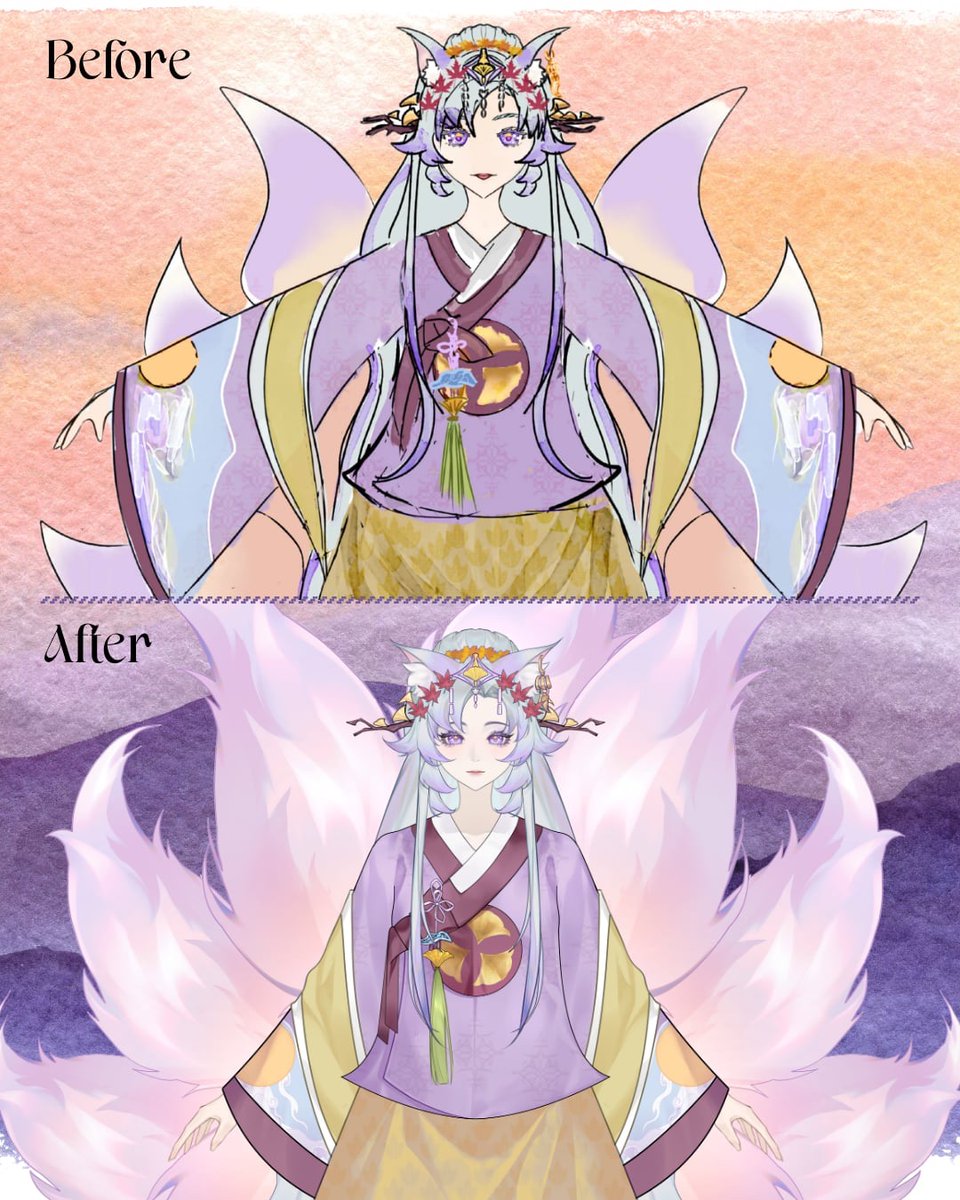 gaeulsky_fox's tweet image. My model’s concept art (by me) vs final (by kyoki studio)

#vtuber #live2dmodel