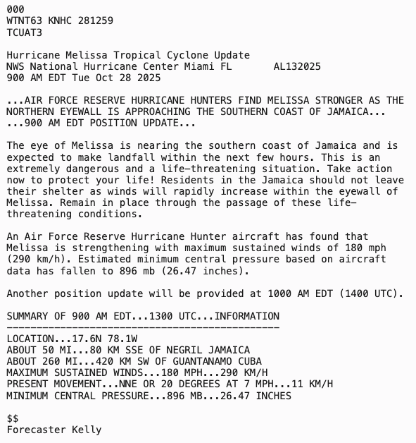 My goodness...special update from NHC now has maximum sustained winds up to 180 mph and pressure down to 896 mb in #Melissa. Pressure is 6th lowest on record in the Atlantic &amp; winds tied for 6th highest on record in the basin.