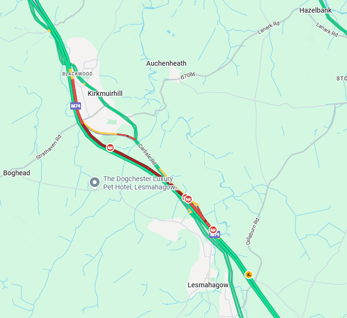 trafficscotland's tweet photo. ❗️NEW ⌚️13:10
🗺️#M74 J9-11
⚠️The #M74 is restricted SOUTHBOUND due to a vehicle fire.
🚗Road users should use caution on approach and expect delays.
Current delay approx. 60 mins
Check your journey here: https://t.co/YhNVx5Wisl
#ExpectDelay @SWTrunkRoads https://t.co/2vmigqpxGG