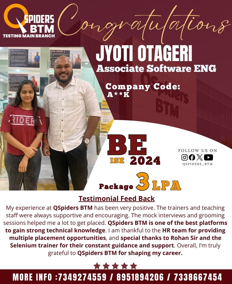 QSpiders_BTM_'s tweet image. 🌟 Big Congratulations to Jyoti Otageri on getting placed as an Associate Software Engineer with a package of 3 LPA! 🎉
Your journey from learning to placement truly reflects hard work, consistency, and dedication. 💪
We’re proud of your achievement