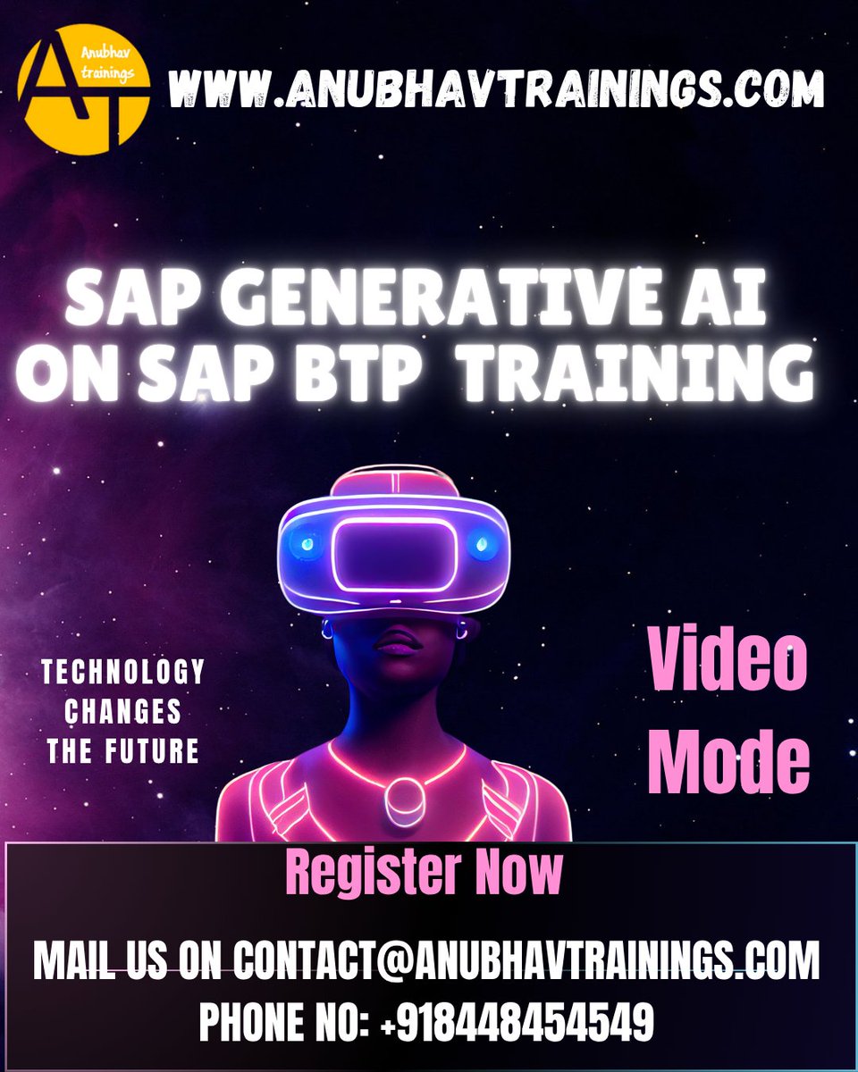 Awasthi1Vedika's tweet image. 🚀 Join SAP Generative AI Training on BTP with Anubhav Trainings
#sapbtpgenai, #sapai, #sapgenerativeai, #aitrainingsap, #sapaitutorial, #btpai, #aicore, #ailaunchpad
Mail us at contact@anubhavtrainings.com
Website: anubhavtrainings.com
Phone No: +918448454549