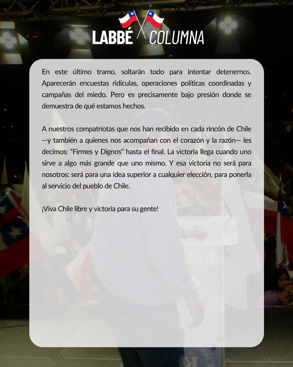 La Ruta 4K sigue recorriendo Chile, kilómetro a kilómetro, junto a quienes no se rinden.
Intentarán frenarnos con miedo, encuestas y operaciones,
pero nada detiene a quienes luchan por la libertad y la verdad.
Con <a href="/Jou_Kaiser/">Johannes Kaiser</a> al frente, la revolución liberal ya comenzó.