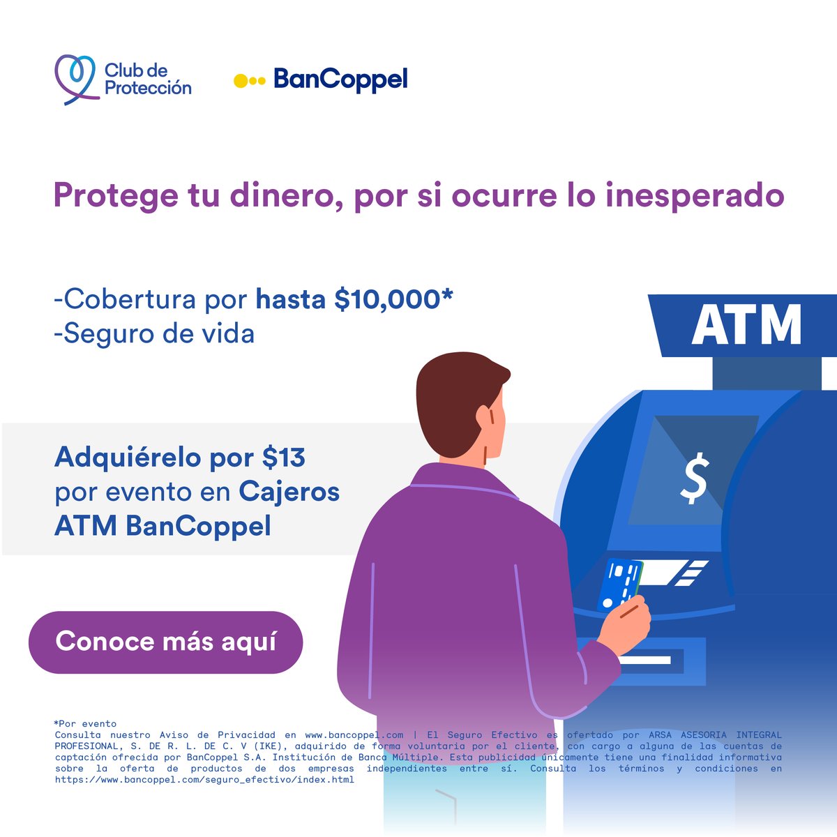 Tranquilidad en cada retiro de efectivo. Con Seguro Efectivo tu dinero está protegido. rebrand.ly/wnnpp5m