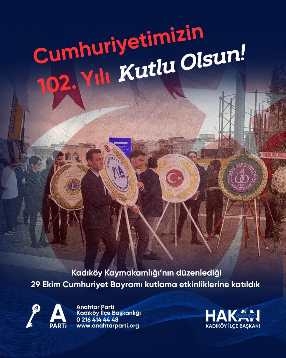 apartikadikoy's tweet photo. Kadıköy Kaymakamlığı’nın düzenlediği
29 Ekim Cumhuriyet Bayramı kutlama etkinliklerine katıldık.
Cumhuriyetimizin 102. yılı kutlu olsun! 
#Cumhuriyet102Yaşında #AnahtarParti #Kadıköy @alsac_hakan https://t.co/0Ns7pplnbq