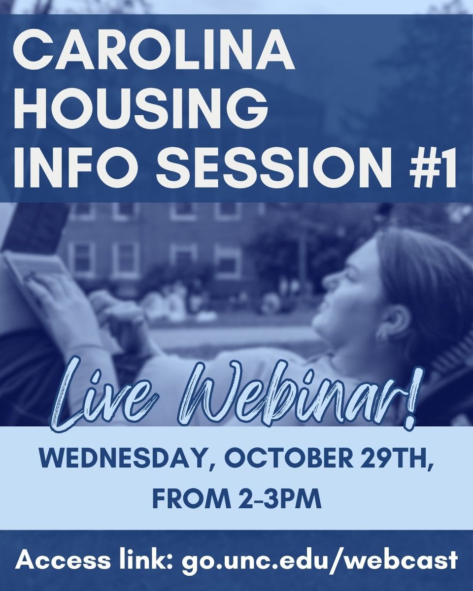 The first Carolina Housing Info Session is tomorrow (10/29) from 2-3pm on Zoom! We will discuss process timeline changes and answer your questions. Join us with this link: go.unc.edu/webcast