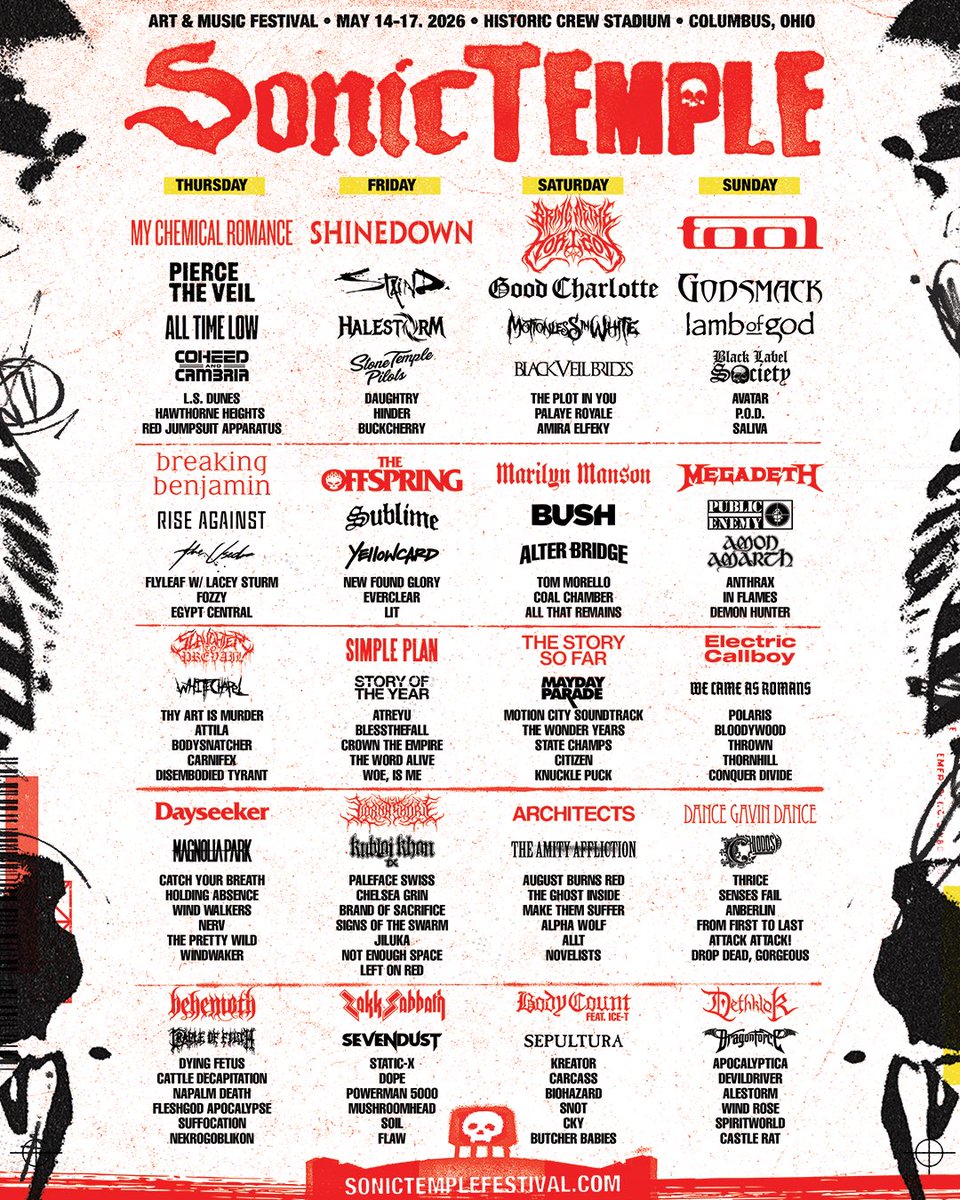 Marilyn Manson will be performing at <a href="/SonicTempleFest/">Sonic Temple Festival</a>! Five stages, four days, and 140+ bands are taking over Historic Crew Stadium in Columbus, OH on May 14-17, 2026. All pass types are on sale now. Secure your spot inside 

Tickets On Sale: on.sonictemplefestival.com/trk/marilynman…

Sonic Temple