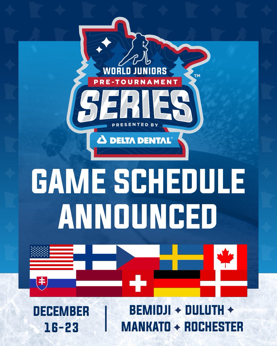 Four MN cities. Ten national teams. One epic lead-up to the 2026 World Juniors 🏒

Catch the World Juniors Pre-Tournament Series presented by Delta Dental before the puck drops!

Bemidji 🇨🇿🇱🇻🇸🇰 | Duluth 🇺🇸🇫🇮🇩🇪 | Mankato 🇨🇦🇨🇭🇩🇰 | Rochester 🇸🇪🇨🇭🇩🇰

🎟️ WorldJuniorsMN26.com/exhibition