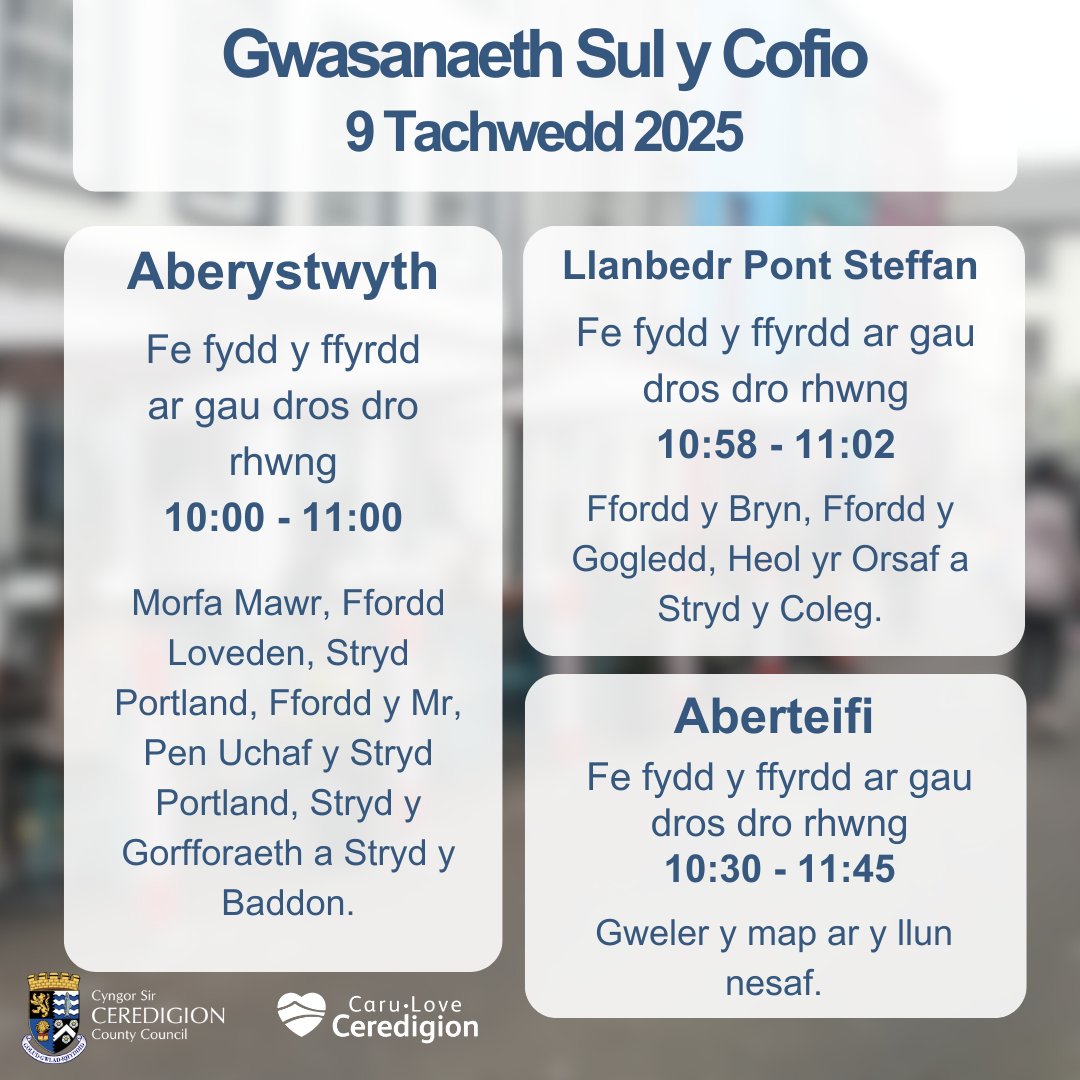 CSCeredigion's tweet image. Sul y Cofio 🌹

Dyma&apos;r heolydd a fydd ar gau ar gyfer gwasanaethau a gorymdaith ledled Ceredigion.