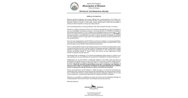 FashionPulis's tweet photo. Official Statement of Local Government of Bulusan, Sorsogon on Issue Aired by Vice Ganda