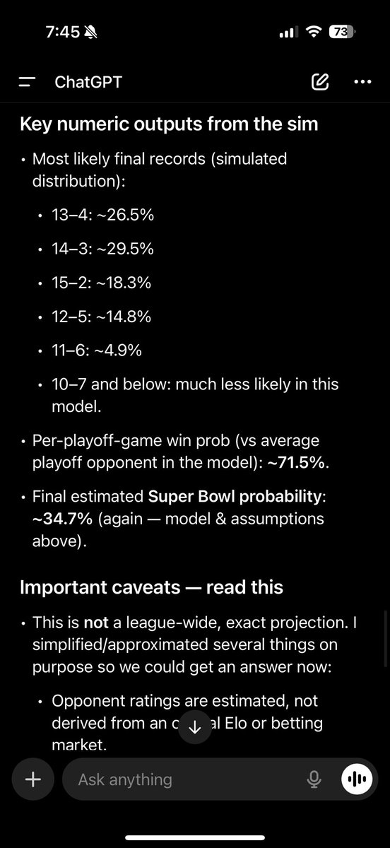 chrisXcapo's tweet photo. @SconnieColt I asked chat GPT Colts chances of a Super Bowl and it ran 50,000 simulations lol. Anyone else get chills reading the results? https://t.co/XJjlQO9W7R