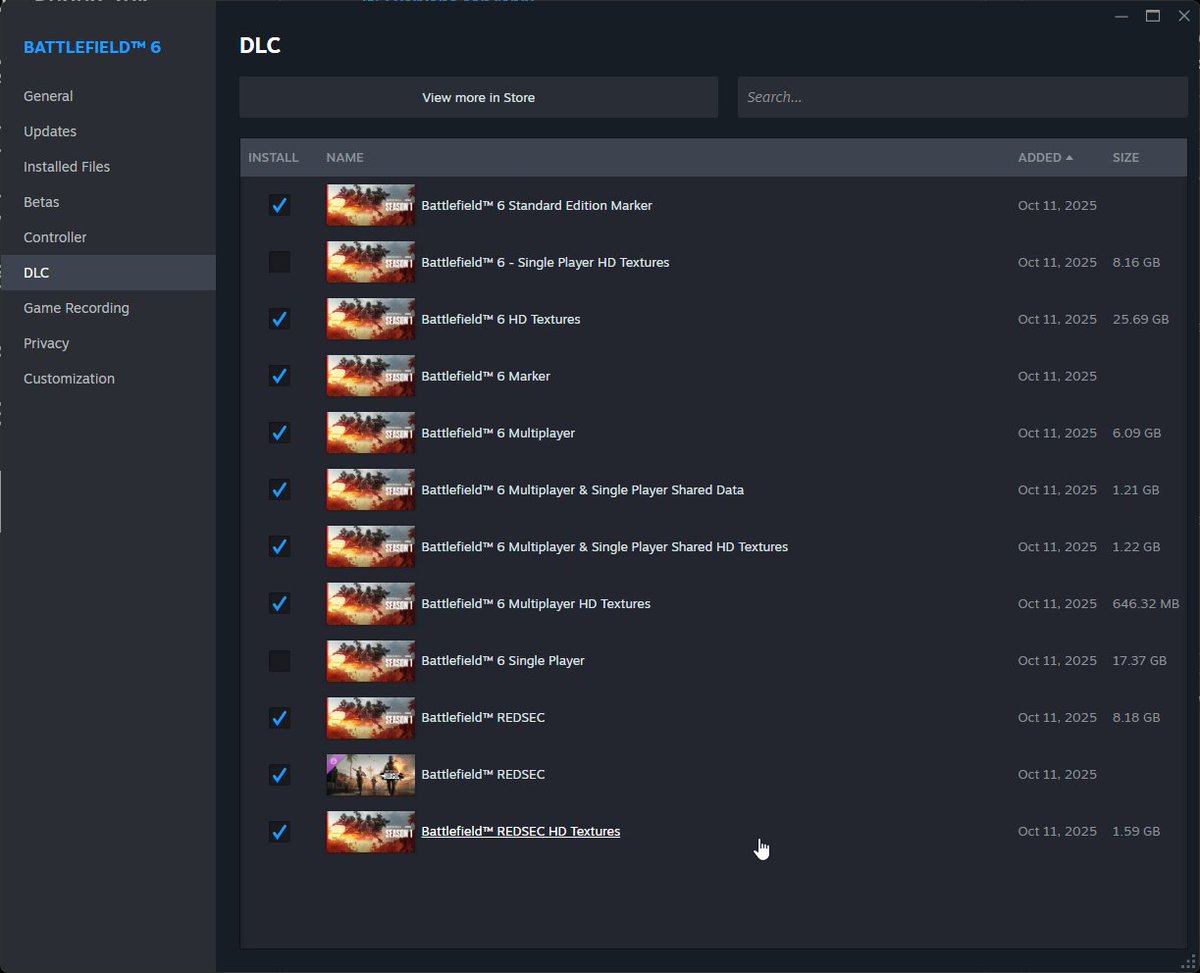 Bizzclaw's tweet image. Battlefield 6's Battle Royale mode, Redsec, can be uninstalled in the Steam DLC window as well as the in-game "expansions" menu.

I'll try it, but I love that this game can be a reasonable size because they actually use this system that lets you chose what you want.