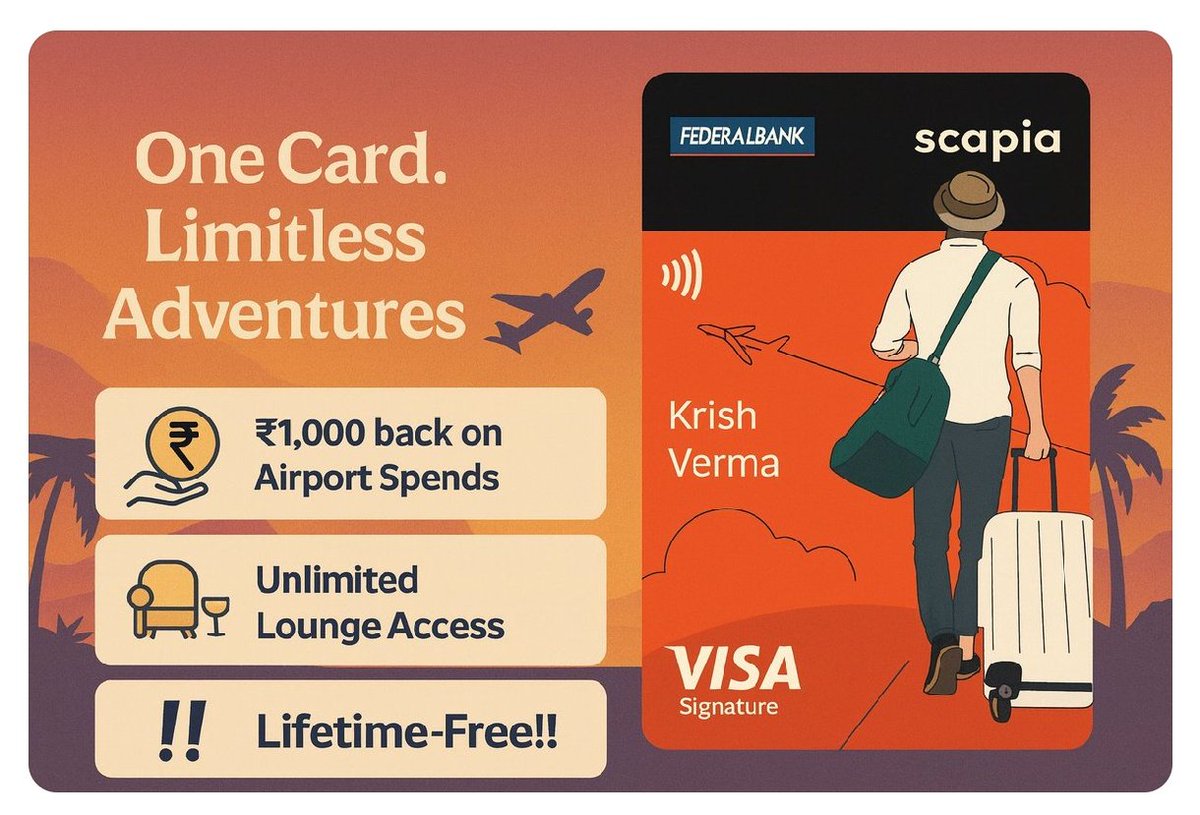 Sambhavjs's tweet image. ₹1,000 Amazon Pay voucher on approval — 
🔥 Approvals in under 24 hours
apply.scapia.cards/landing_page?r…
✅ 100% cashback up to ₹1,000 at 6 major airports
✅ Lifetime free – no annual fee ever
✅ 0% forex charges when you travel abroad ! Offer only for those who NEVER APPLIED for scapia
