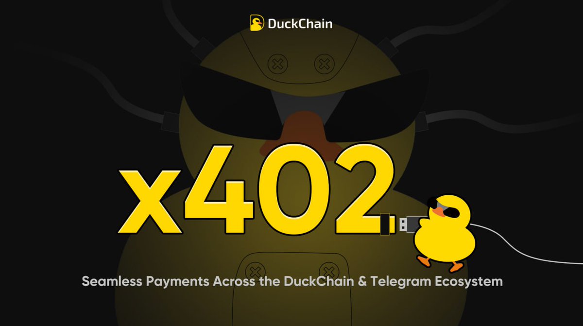 Duck_Chain's tweet image. The emergence of x402 marks a new era of frictionless, cross-chain, and machine-to-machine payments, the foundation of the coming AI Agent economy.

As the Telegram AI Chain, we see massive potential in leveraging x402’s open payment framework to enable autonomous payments and…