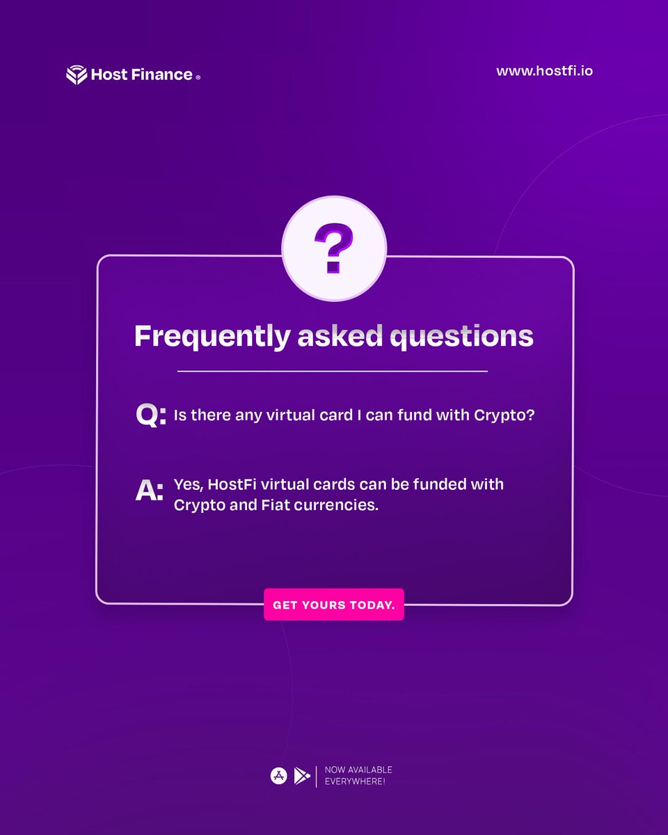 💳 FAQ Tuesday: Virtual Card Funding 

❓ "Can I fund my virtual card with crypto?"

✅ YES! HostFi virtual cards support both:

• Cryptocurrency funding
• Fiat currency funding

🔗 Get yours today at hostfi.io