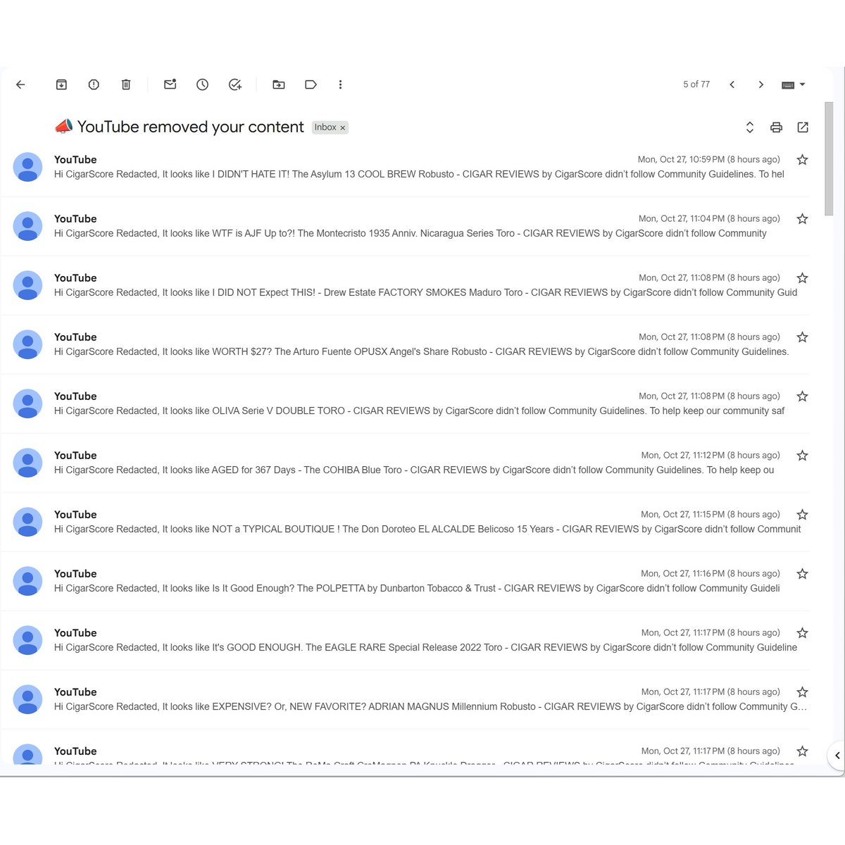 NO MORE CIGAR REVIEWS

Around 11pm last night, YouTube went after me again.

If you like shorts, those are on the socials linked below. Full vids on Rumble.

facebook.com/cigarscore 
tiktok.com/@cigarscore 
instagram.com/cigarscore 
linkedin.com/in/ellorywells/ rumble.com/c/CigarScore?u…