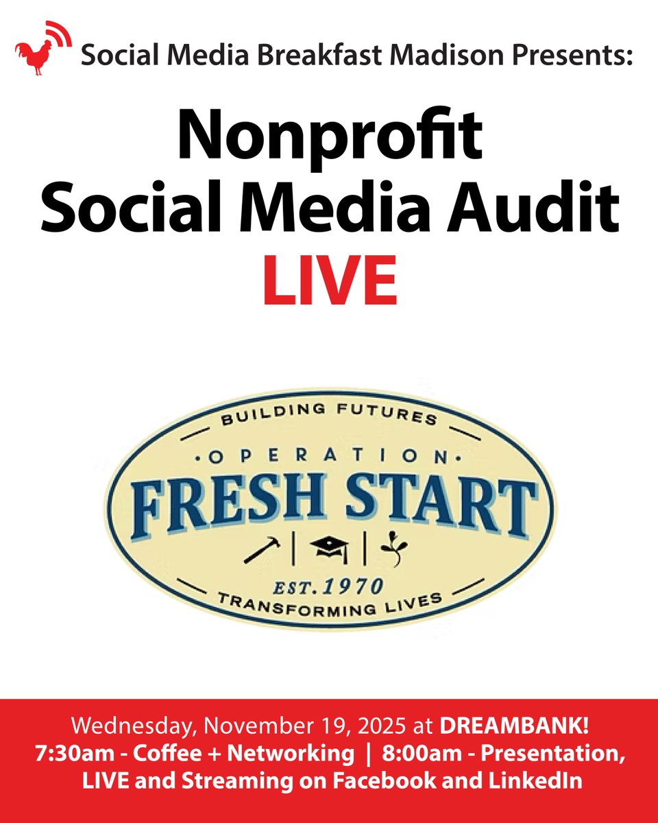 We are excited to host our annual Nonprofit Audit! We have worked with local non-profits for over 10 years in the Madison-area in this event.

This year our expert panel will be working with <a href="/OFSMadison/">Operation Fresh Start</a>!

🎟️ smbmad.org/event/nonprofi…
📅 November 19
🕰️ 7:30AM - 9AM
📍 <a href="/DreamBankMSN/">DreamBank</a>