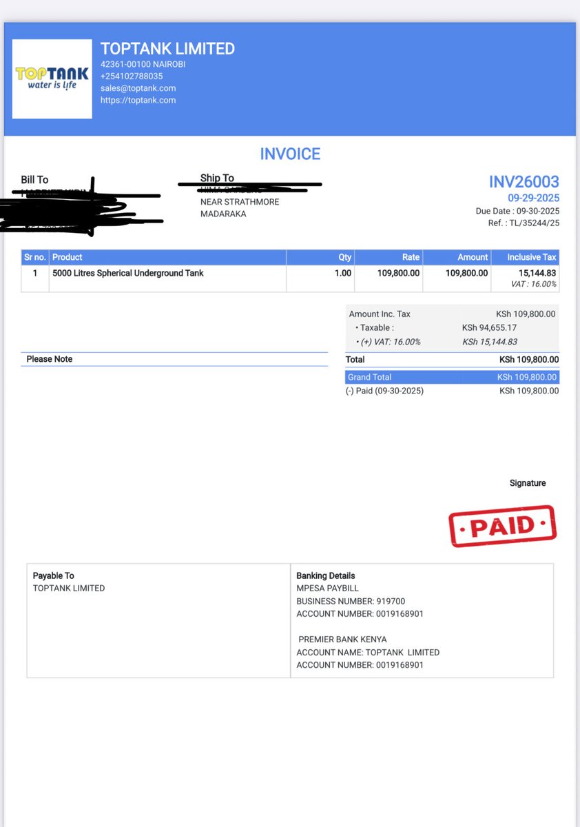4 weeks ago, my mother was conned out of Ksh 100,000 (Ksh.109,800 to be precise) by someone posing as a @TopTank_KE dealer.
She paid through a genuine M-Pesa Paybill Number but the tank never arrived.