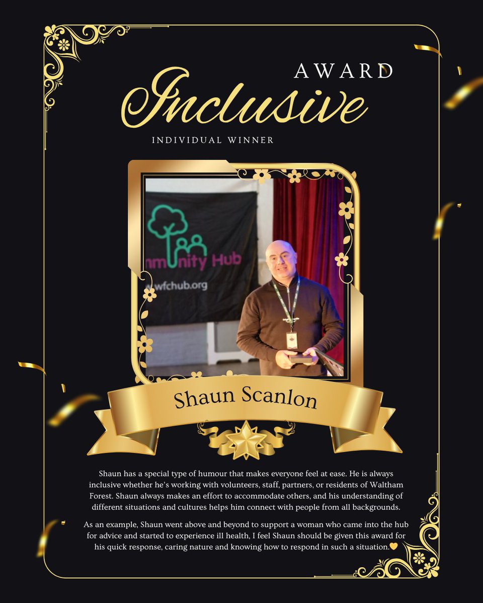 🌟 Inclusive Award Winner: Shaun! 💛

We’re delighted to celebrate Shaun, the winner of our Inclusive Award!

Shaun’s warmth, humour &amp; compassion make everyone feel included, from volunteers to residents across Waltham Forest. We’re so proud to celebrate him! 🙌 #InclusiveAward