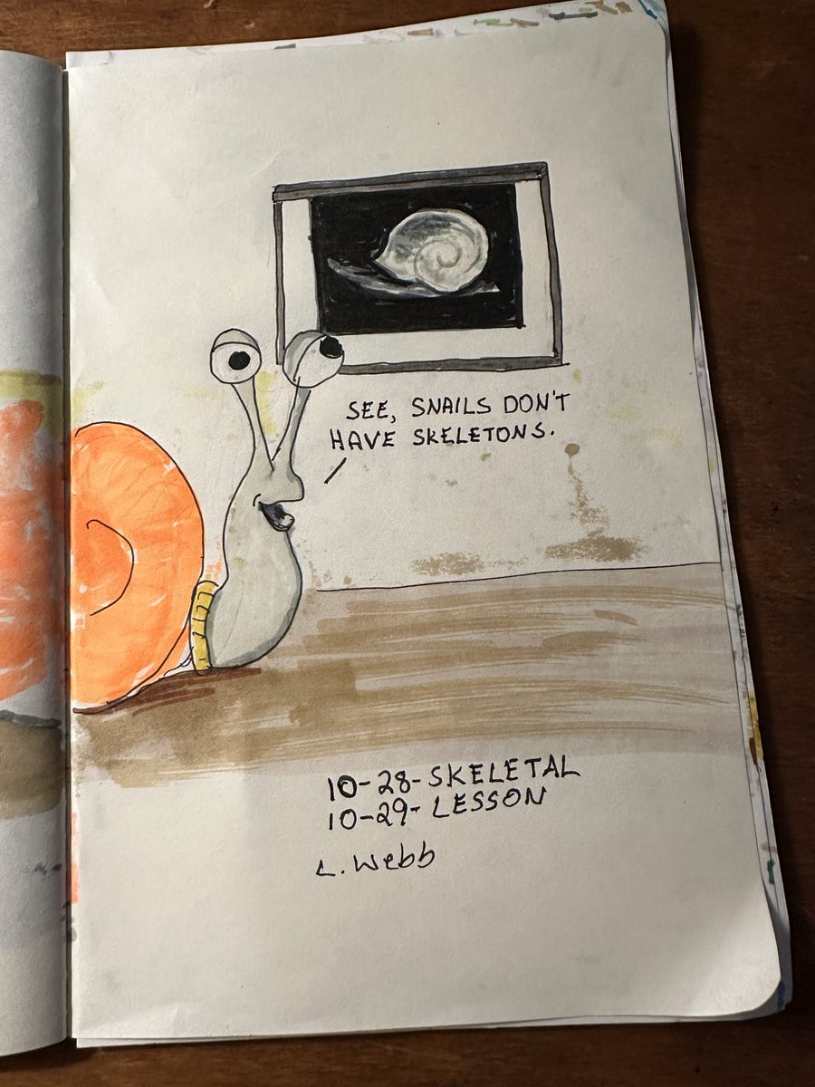 MLWebb's tweet image. #inktober2025 Another Twofer Tuesday because, like Snevel says here, “Snails don’t have skeletons.” He thought he’d teach lesson. 
Day 28: Skeletal
Day 29: Lesson