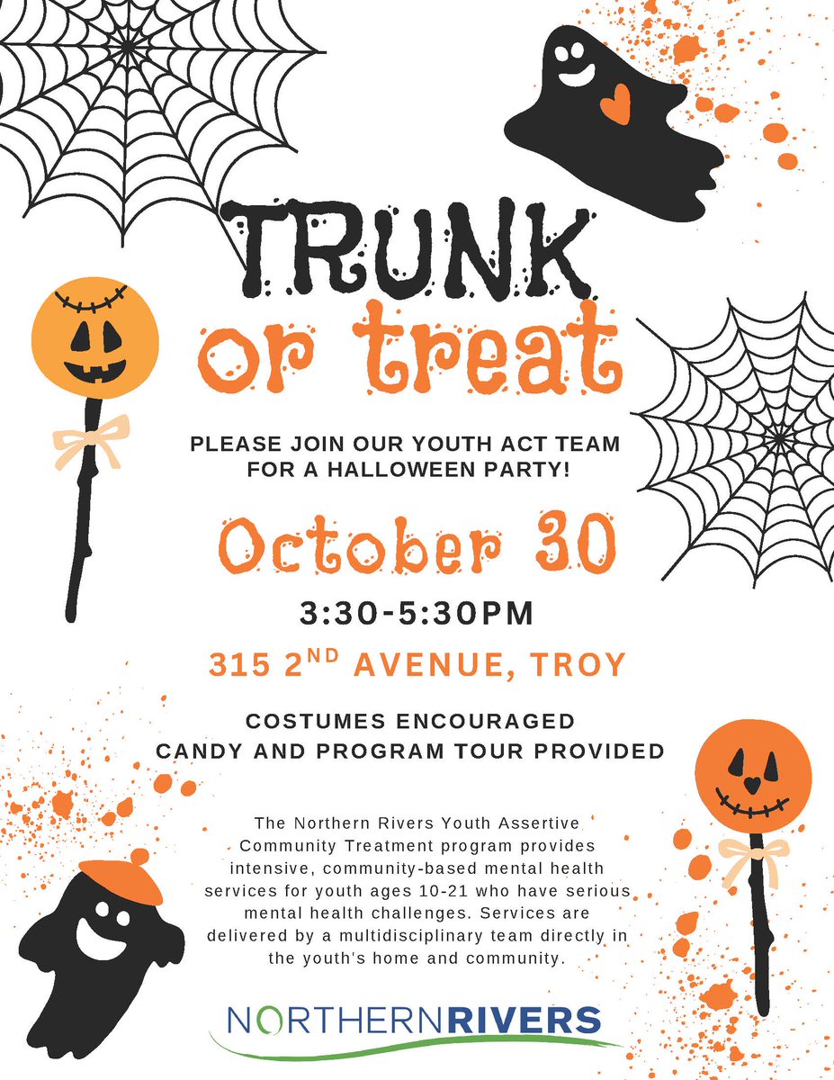 It's officially spooky week and our Lansingburgh Youth ACT team is hosting a Trunk or Treat event! 
Bring the family this Thursday (10/30) from 3:30pm - 5:30pm for candy, fun, and a tour of our program. Costumes encouraged 🎃