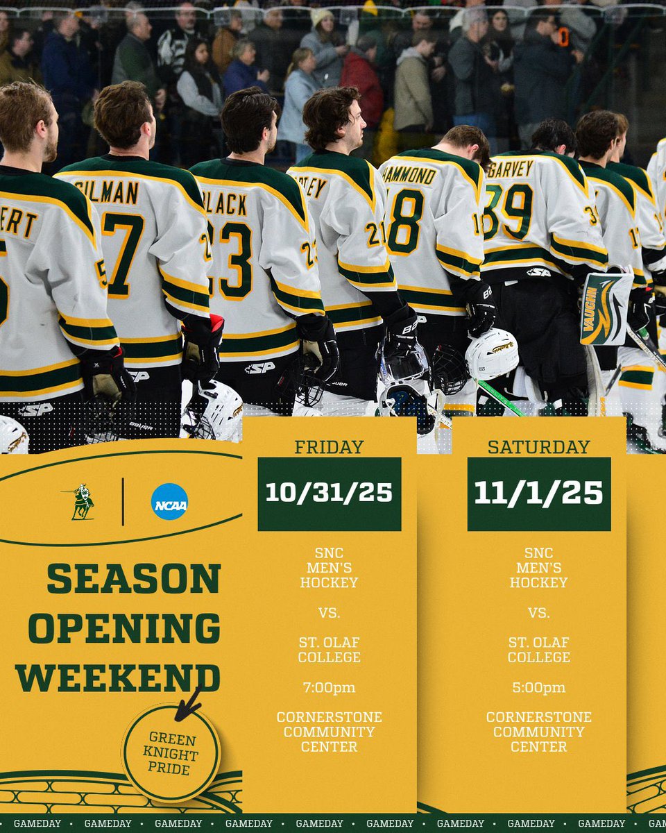 SEASON OPENING WEEKEND VS ST. OLAF COLLEGE - SPEND HALLOWEEN NIGHT WITH US OR COME ON OUT SATURDAY FOR THE KICKOFF OF THE 25-26 SEASON #GoGreenKnights #GKP 

🏒 SNC MEN’S Hockey 🆚 <a href="/StOlafMHockey/">St. Olaf Men's Hockey</a> 
📍 CCC (De Pere, WI)
🕖 7:00PM (FRI) &amp; 5:00PM (SAT)
🎟️ ticketstar.evenue.net/events/SNCH?_g…