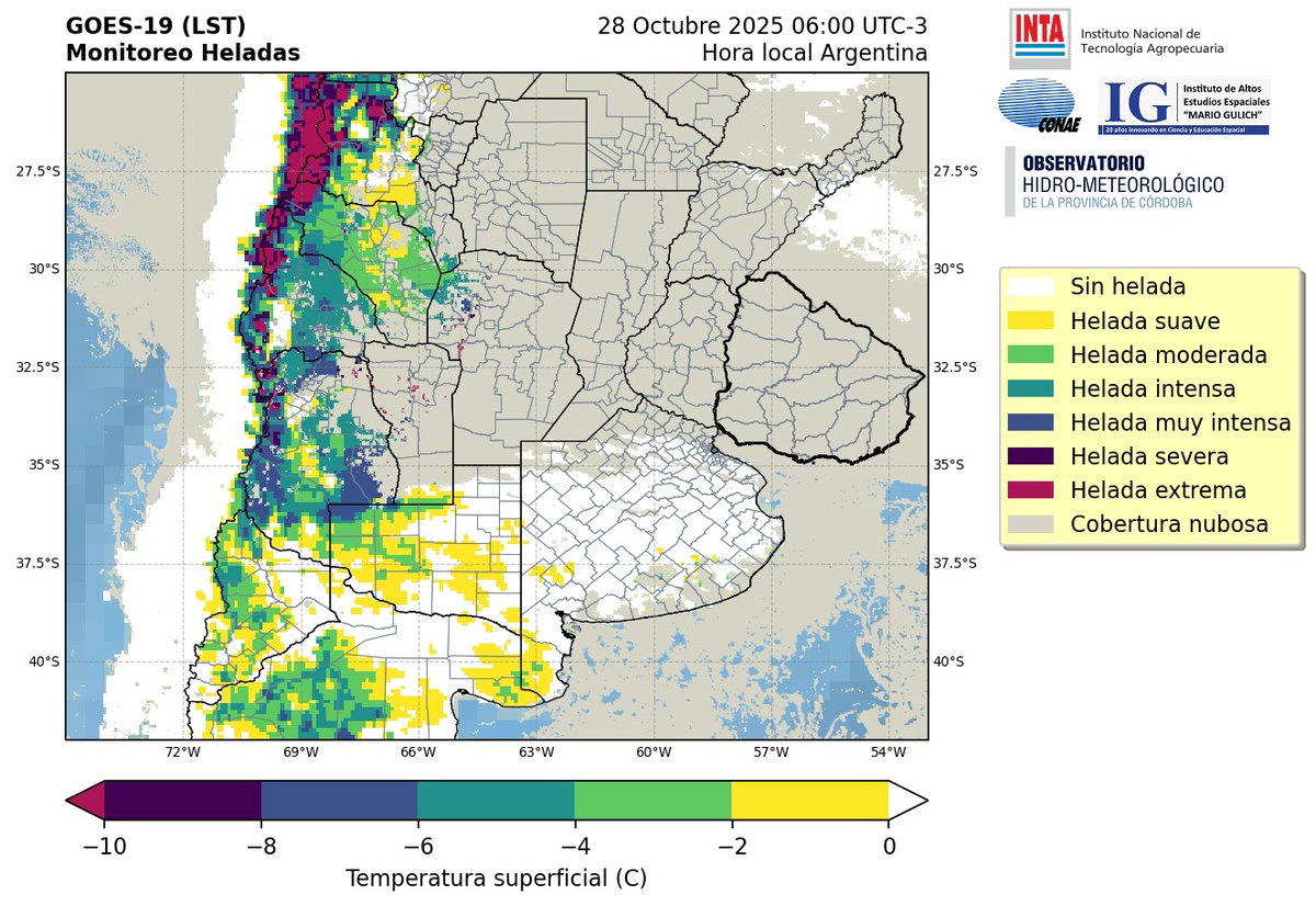 Entre las 4am y las 6 am de esta madrugada se registraron heladas suaves (0 a -2°C) en el sudoeste bonaerense y sur de La Pampa.