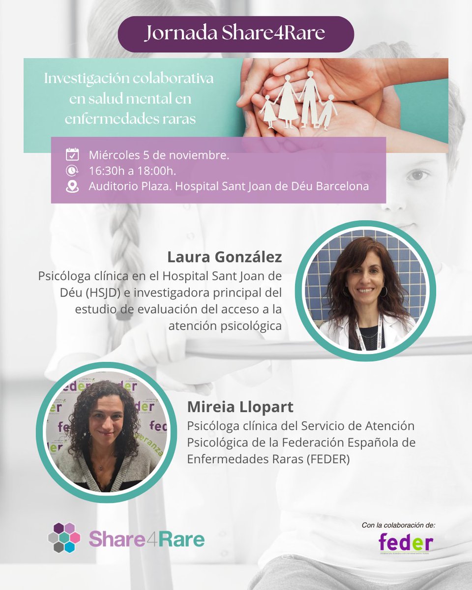 👥 Las psicólogas Laura (<a href="/SJDbarcelona_es/">Hospital Sant Joan de Déu Barcelona ES</a>) y Mireia (<a href="/FEDER_ONG/">FEDER | Enfermedades Raras</a>) nos acompañarán en la #JornadaShare4Rare para dar respuesta a la pregunta "¿Cuándo es necesaria la atención psicológica?", desde puntos de vista diferentes.

✏️ tinyurl.com/57fkrahu
ℹ️ tinyurl.com/hr273c4w