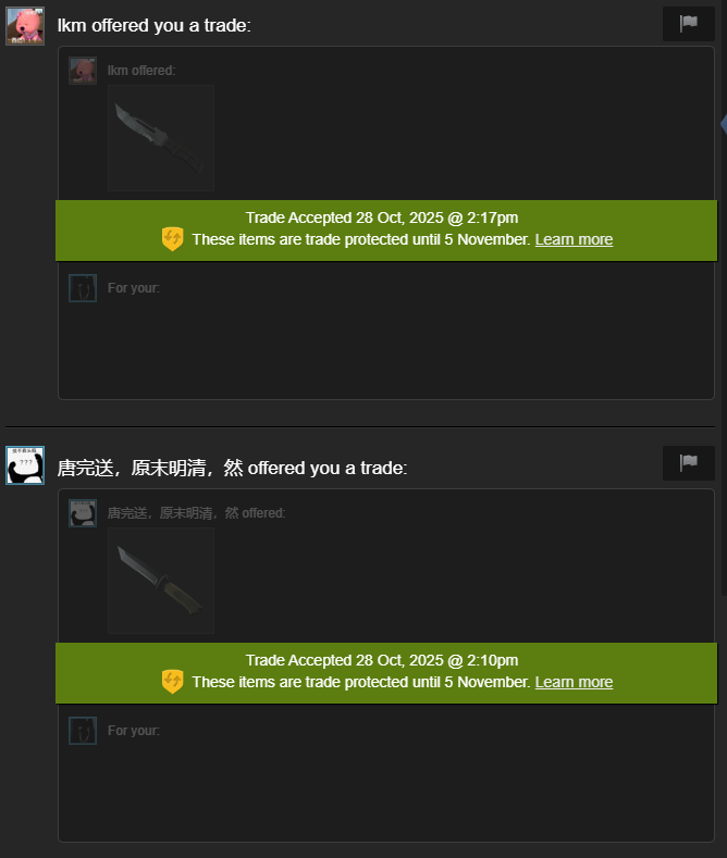 moonisntcool's tweet photo. Bought and received two knives from @Wig_CS , went first for 115 USDC, super helpful guy and I'd highly recommend him if you're starting out like I am. 🙌

Now I just need to pray to not suffer the trade reversals 😨 https://t.co/28jvwJDz5G