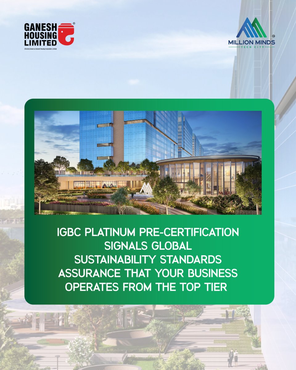 MillionMindsTC's tweet image. Million Minds Tech City brings this vision to life - an IGBC Platinum pre-certified hub where progress meets purpose. With smart energy systems, green open spaces, and future-ready design, it’s where business grows responsibly.

#MillionMindsTechCity #FutureOfWork #IGBCPlatinum