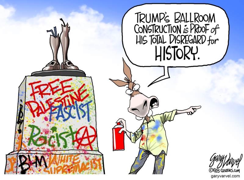 Cartoon illustration shows a tall statue of a man resembling Donald Trump standing on a pedestal base spray-painted with words Free Palestine, Fascist, Racist, and White Supremacist. The statues legs are snapped at the shins with broken pieces on the ground. To the right, a caricatured figure with oversized ears and messy hair, resembling Joe Biden, dressed in colorful abstract clothing, holds a red spray paint can in one hand and points with the other toward the statue. Above the statue, text reads Trumps Ballroom Proof of His Total Disregard for History. The artwork is signed Gary Varvel at the bottom right.