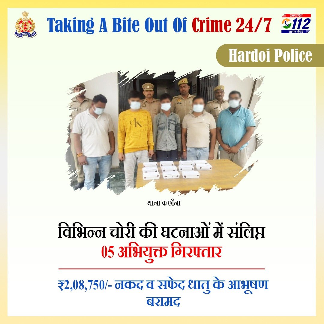 UP POLICE (@uppolice) on Twitter photo Zero Tolerance Against Crime -     
विभिन्न चोरी की घटनाओं में संलिप्त 05 अभियुक्तों को <a href="/hardoipolice/">Hardoi Police</a> द्वारा गिरफ्तार करते हुए उनके कब्जे से ₹2,08,750/- नकद व सफेद धातु के आभूषण बरामद किए गए हैं।       
#WellDoneCops 
#UPPAgainstCrime Zero Tolerance Against Crime -     
विभिन्न चोरी की घटनाओं में संलिप्त 05 अभियुक्तों को <a href="/hardoipolice/">Hardoi Police</a> द्वारा गिरफ्तार करते हुए उनके कब्जे से ₹2,08,750/- नकद व सफेद धातु के आभूषण बरामद किए गए हैं।       
#WellDoneCops 
#UPPAgainstCrime