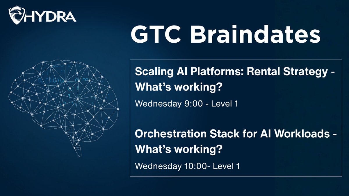 get_hydrahost's tweet image. Hydra at NVIDIA GTC DC: Join Our Braindates

Tomorrow, our Product Manager, Ryan Hatch, will be leading two interactive Braindates focused on what’s actually working in AI infrastructure.

🧠 Scaling AI Platforms: Rental Strategy — What’s Working?
Wednesday |  9:00 AM |  Level 1…