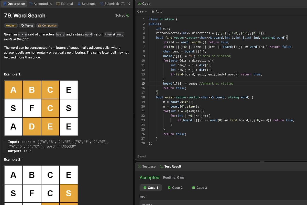 Rohan_269's tweet image. Day 78/200: Solved -“Word Search" 🔤
Used backtracking with DFS to explore each path in the grid. Marked cells as visited and restored them after recursion. Careful boundary checks made all the difference! 💡
#200DaysOfCode #LeetCode #Day78 #CodingChallenge #strivers #A2ZDsa