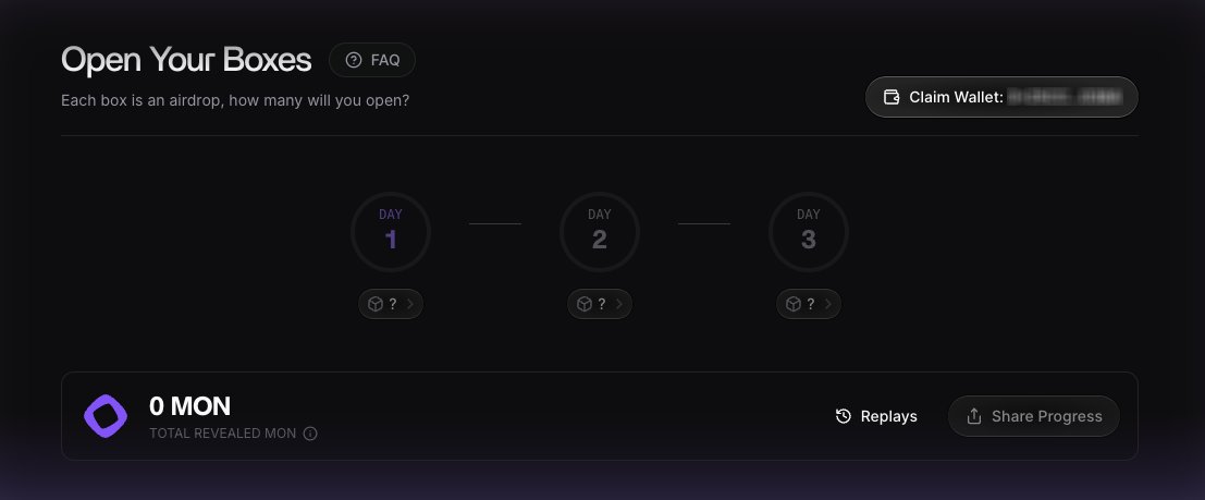 Crypto_Pranjal's tweet photo. Monad Airdrop: Early Allocation Reveal is Live! 🔥

✅ Check here: https://t.co/D8gQpAUH6D

Open the boxes to reveal your allocation.

Monad Boxes is a 3-day experience where eligible users can reveal their MON airdrop early. 

Box opening seems to be down right now, probably due to heavy traffic. Check back again later.