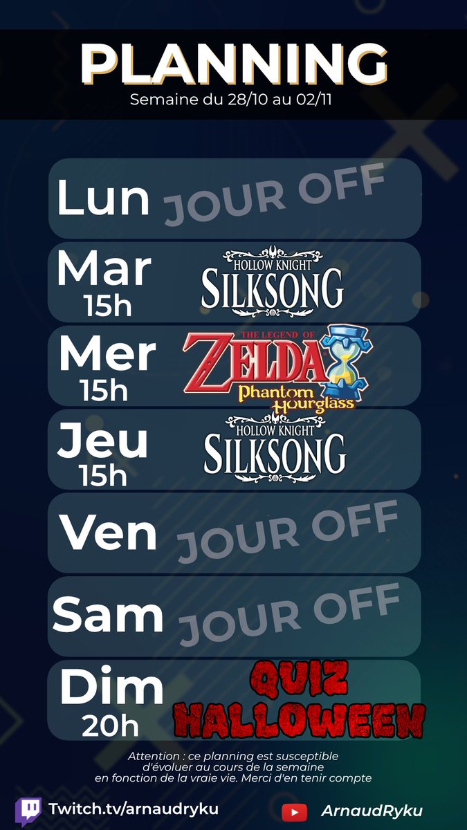 PLANNING DE LA SEMAINE ! 

On essaie de terminer Silksong ET Phantom Hourglass !

Et on oublie pas le QUIZ du mois d'OCTOBRE sur le thème d'Halloween et de l'horreur dimanche à 20h ! 

Bonne semaine !
