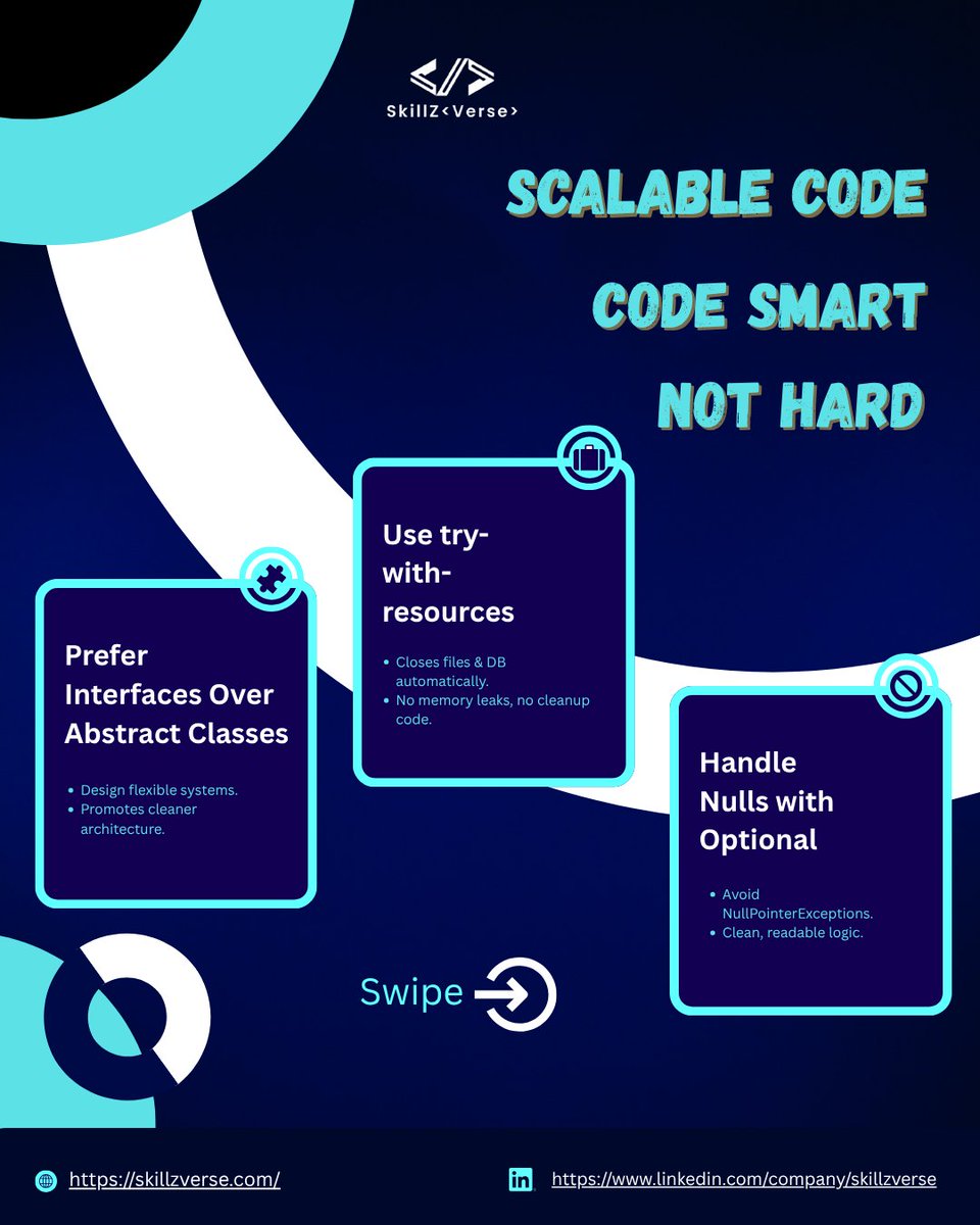 ravitej05387479's tweet image. 🚀 4 Smart Core Java Tips Every Developer Should Know! ☕💻

Small improvements today → Big impact tomorrow.
Keep learning, keep coding, keep improving. 💪

👉 Swipe through the carousel to explore each tip!
#Skillzverse | #CoreJavaTips
#JavaTips #CoreJava #JavaProgramming