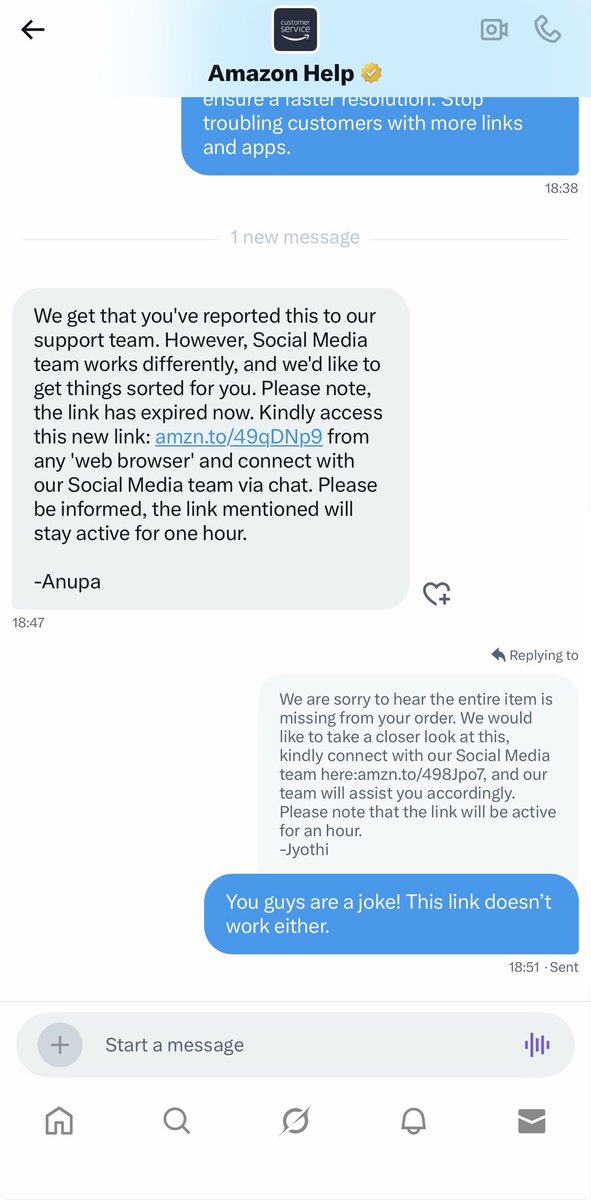 <a href="/amazonIN/">Amazon India</a> The great ‘help’ that <a href="/amazonIN/">Amazon India</a> is providing? LOL. These guys are a joke. Wonder why this hasn’t never been reported or talked about. 

So social media works ‘differently’ and can’t access my complaint after giving them order number. But wants the customer to play link link all