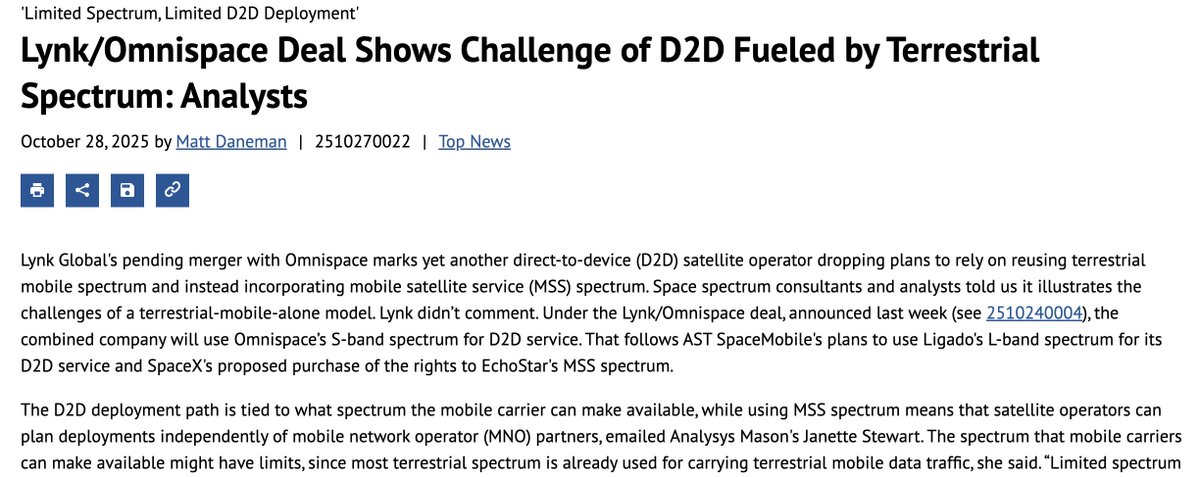 . <a href="/Comm_Daily/">Communications Daily</a>: Lynk/Omnispace merger, with combined company using S band for direct-to-smartphone service, latest example of D2Ders deciding they can't go it with terrestrial spectrum alone.