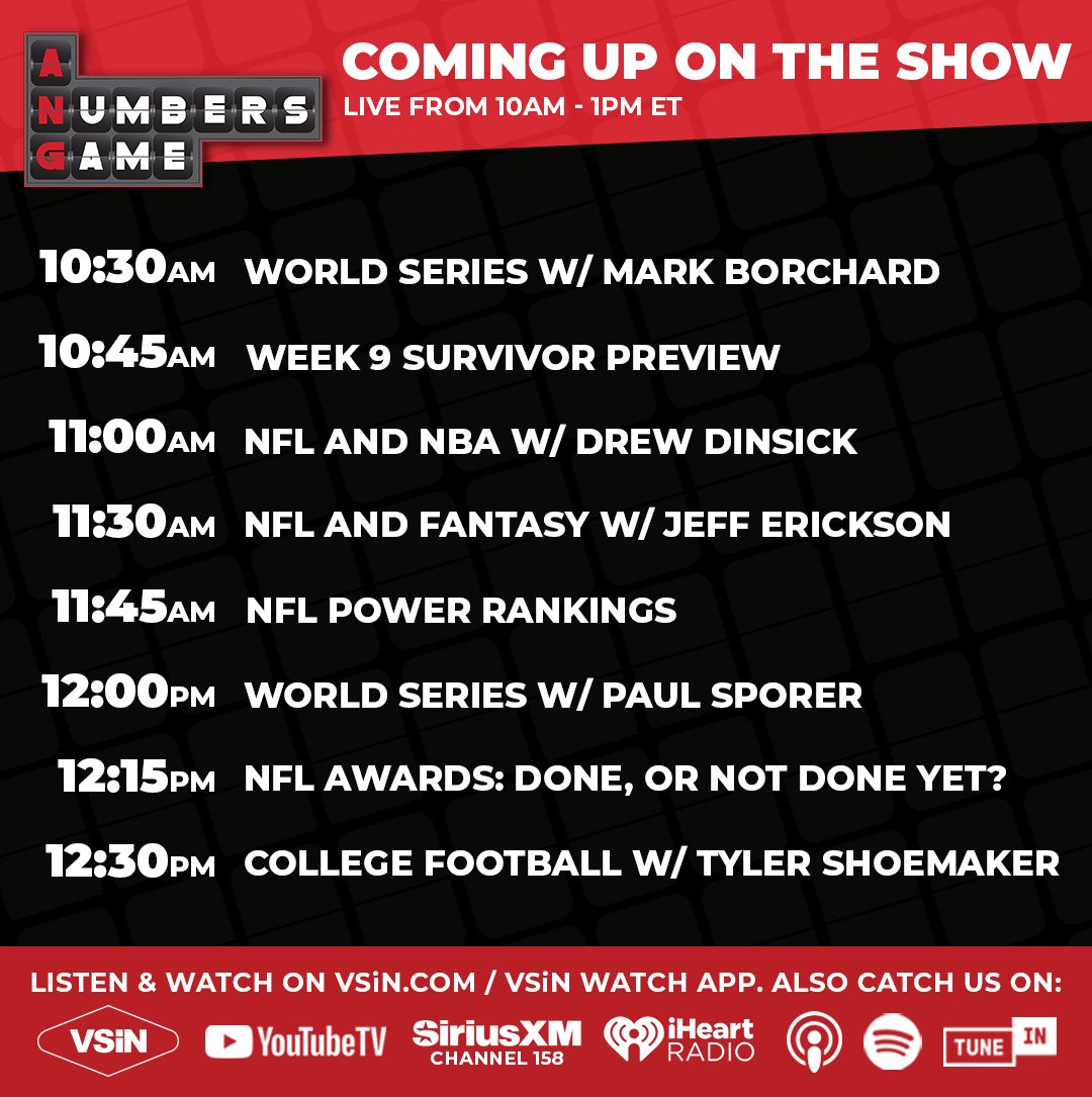 VSiNLive's tweet image. Join A Numbers Game with @BeatingTheBook &amp;amp; @kelleybydlon — live from 10AM–1PM ET!

⚾ World Series Game 4 Preview
🏈 NFL Week 9 Survivor Considerations
🏀 NBA talk
📊 NFL Power Rankings
🏆 Fantasy Football &amp;amp; NFL Awards
🏟️ College Football insights

Joining the show: @BaseWinner |…