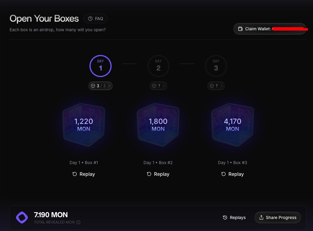 $MON <a href="/monad/">Monad (mainnet arc)</a> Airdrop bağladığım cüzdanı kitledim. 
Open your boxer dedim ve 3 kutuyu açtım. 
Anladığım önümüzdeki 3 gün boyunca kutup açıp en son miktarı göreceğiz herhalde 😅 
1220-1800-4170 çıktı bana şuan total 7190 $MON oldu.
claim.monad.xyz