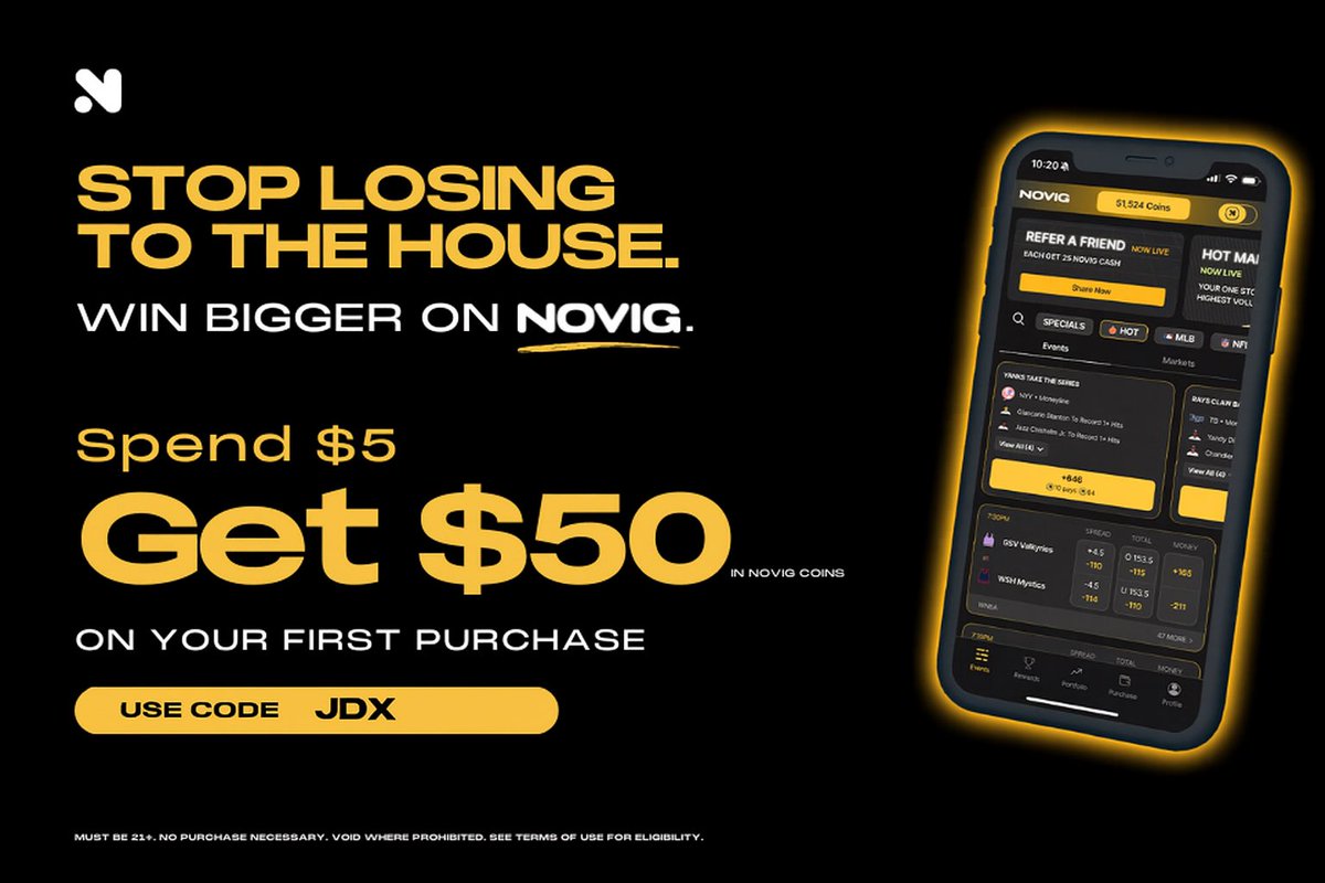 Crazy deal 
$5 → $50 🤯🤯🔥
No house edge. No catch.
Use code JDX on Novig or link below:

novig.onelink.me/JHQQ/bj5hyf3h