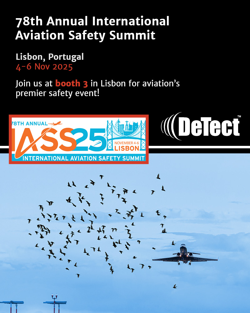 DeTect__Inc's tweet image. 📢 Heading to IASS 2025 in Lisbon (4-6 Nov)?
Catch DeTect, Inc. at Booth 3 and discover our radar-powered solutions for aviation-safety challenges - from wildlife &amp;amp; UAS hazards to airspace monitoring.
🔗 tinyurl.com/y4w2fvx7
#IASS2025 #AviationSafety #RadarTech #WildlifeRisk