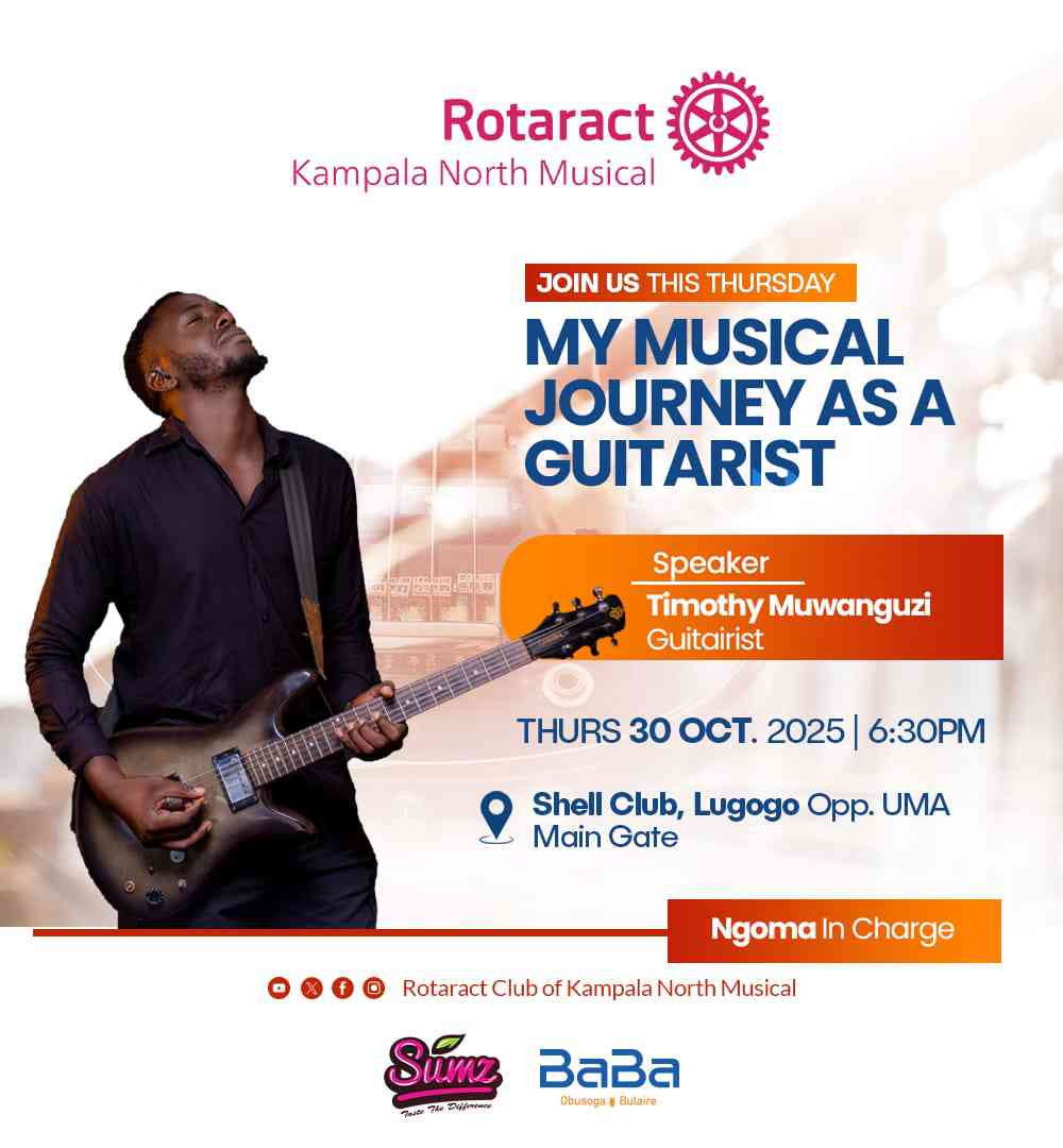 rctmusical's tweet photo. 🎸 Join us this Thursday, Oct 30th at 6:30PM (EAT) at Shell Club, Lugogo, as Timothy Muwanguzi shares his inspiring musical journey of rhythm, passion, and resilience.

Come vibe, learn, and connect — a musical moment awaits you! 🎶

#PrRctKampalaNorthMusical  #Musical2theWorld https://t.co/1L0fQjBLxL