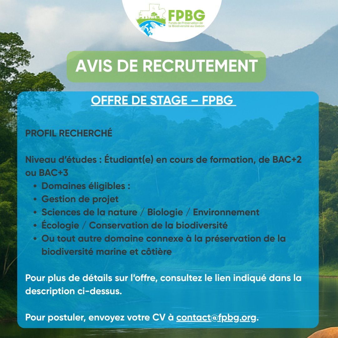 𝐋𝐞 𝐅𝐏𝐁𝐆 𝐫𝐞𝐜𝐫𝐮𝐭𝐞 𝐝𝐞𝐬 𝐬𝐭𝐚𝐠𝐢𝐚𝐢𝐫𝐞𝐬 !

Le Fonds de Préservation de la Biodiversité du Gabon (FPBG) offre 2 stages pour appuyer la mise en œuvre de ses projets.

C𝐥𝐢𝐪𝐮ez 𝐬𝐮𝐫 𝐥𝐞 𝐥𝐢𝐞𝐧 𝐢𝐜𝐢 : fpbggabon-my.sharepoint.com/:b:/g/personal…